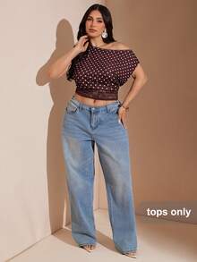SHEIN BAE CURVE Áo kiểu dáng thanh lịch, cổ xéo, hở vai, phối ren, eo thon. - Màu Đỏ Sâu - Xem 4