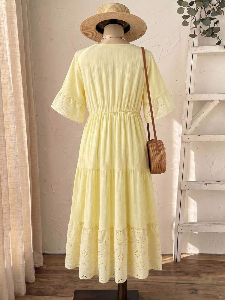 Plus Size Women's Deep V-Neck Ruffle Sleeve Multi-Tiered Hem Long Yellow Dress For Summer Summer Outfit For Women Beach Outfit For Women