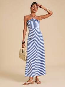 Travachic Embroidered Striped Casual Dress - Blue and White - View 6