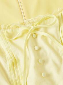 SHEIN MOD Gaun Mini Kuning Nyaman untuk Wanita, Bagian Dada Berlipit, Kancing Depan, Gaya Cottagecore, Liburan, Gaya Pedesaan, Pantai, Pesta Teh, Pesta Kebun, Retro, Prom, Musim Panas - Kuning - View 7