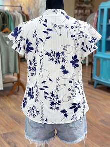 SHEIN LUNE CURVE Plus Size Women Plant Print Cap Sleeve Shirt - Multicolor - View 2