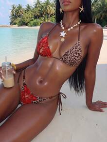 Lumalex Bộ bikini 2 mảnh gồm áo tam giác buộc dây cổ và quần bikini hai mảnh, chất liệu vải lưới in họa tiết da báo và hoa, phối cùng vải màu trơn, kiểu dáng thời trang, gợi cảm, thích hợp cho bãi biển, hồ bơi hoặc các hoạt động thể thao dưới nước. - Nhiều màu - Xem 5