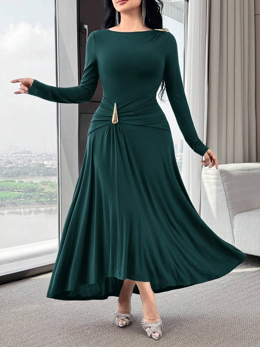 Modelyn 女款純色抓皺腰部優雅成熟中長洋裝,適合派對、晚餐、酒吧及各種場合,深綠色,秋季婚禮適用 - 水鴨藍 - 查看 1