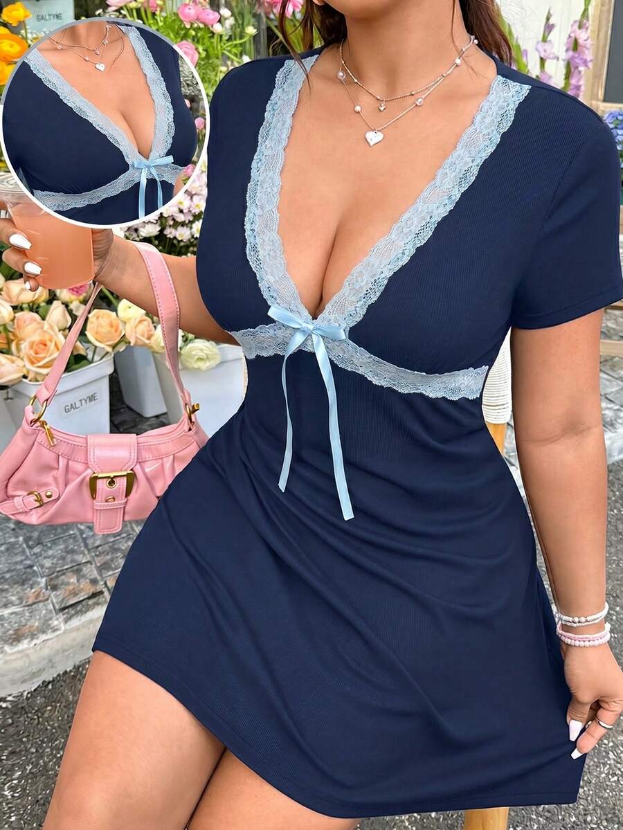 GalTyme Plus Size Navy Blue Contrast Lace Bow Decor V-Neck Dress, Summer Date Night Tropical - Blue - View 1