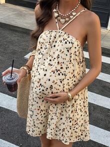 SHEIN 孕婦全印花掛脖迷你洋裝，波希米亞風夏季細肩帶孕婦裙，適合嬰兒洗禮、休閒寬鬆度假海灘穿搭 - 杏色 - 查看 1