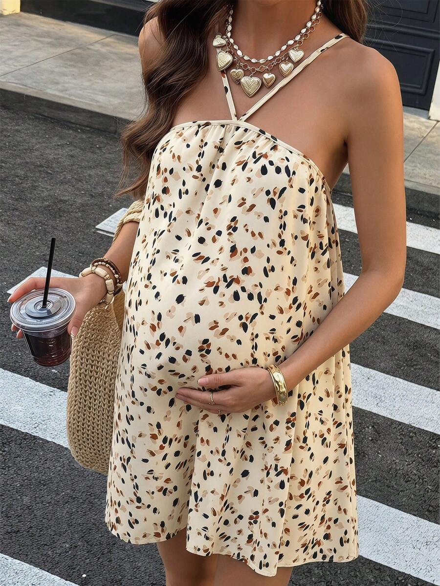 SHEIN 孕婦全印花掛脖迷你洋裝,波希米亞風夏季細肩帶孕婦裙,適合嬰兒洗禮、休閒寬鬆度假海灘穿搭 - 杏色 - 查看 1