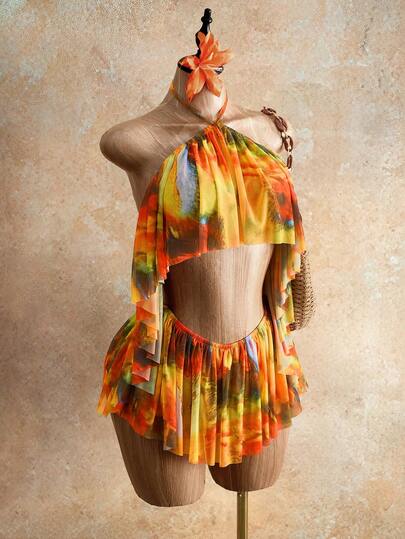 Mistrie Tie-Dye Halter Mesh Dress Set, High Waist Puff Mini Skirt Sexy Dress