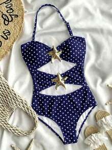 SHEIN Tween Girls' Summer Beach Vacation Navy Blue Polka Dot Print Halter Metal Starfish Decor One-Piece Swimsuit - Blue - View 4
