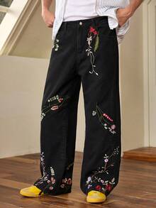 Whitmere 1pc American Street Fashion Patchwork Embroidered Loose Wide-Leg Jeans, Comfortable High Street Versatile Casual Denim Pants For Men (Belt And Accessories Not Included) - Black - View 5