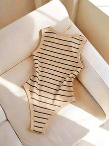 GlowEve Women's Summer Black Striped Bodysuit,Basic Casual Everyday Round Neck Camisole,Knit Fitted Sleeveless Bodysuit For Vacation Beach & Daily Wear - Khaki - View 2