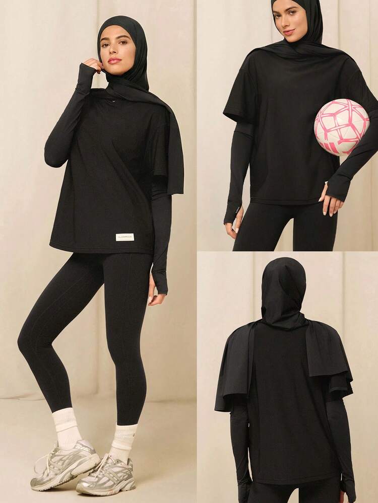 GLOWMODE X Reem Modest Big Easy Cooling Moisture-Wicking Quick-Dry Relaxed Fit Hip Length Crewneck T-Shirt Gym Workout Studio Daily Casual Wear