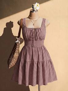 SHEIN ICON Plus Size Square Neck Woven A-Line Plaid Midi Dress, Summer Vacation - Multicolor - View 4