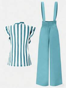 Rometta Plus Size Women's Light Blue Striped Ruffle Tie Bow Blouse & Metal Button High Waist Wide Leg Pants Suspender Suit,Summer Cute School Commuting Style - Multicolor - View 2