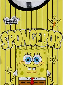 SpongeBob SquarePants | SHEIN 男士休闲条纹卡通图案撞色滚边圆领短袖T恤，夏季 - 白色 - 查看 5