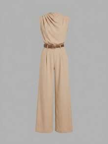 SHEIN Serisse Kids 少女優雅無袖繫帶連身褲 卡其色夏季派對穿搭 - 卡其色 - 查看 2