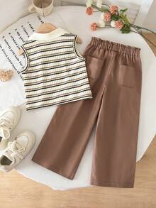 Bộ đồ thường ngày cho bé gái gồm áo ba lỗ cổ sọc và quần dài - Màu Khaki - Xem 2