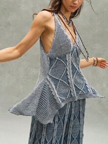Bohemela Vintage Mixed Color Twist Rope Loose Knit Sweater - Blue and White - View 5