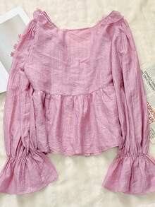 Livesso Women's Loose Fit Square Collar Ruffled Hem Pink Flare Sleeve Casual Blouse - Pink - View 2