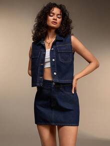 SHEIN WOMEN Two Pieces SET TOP AND SKIRT Everyday Navy Blue Summer Streetwear - Dark Wash - View 3