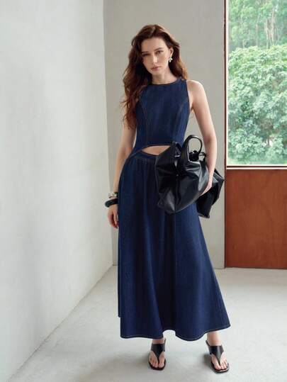 MOTF PREMIUM VESTIDO Denim MIDI EVASÊ FEMININO, PRIMAVERA/VERÃO
