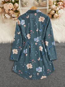 SHEIN Clasi 女士秋冬时尚百搭通勤印花衬衫裙 - 霧霾藍 - 查看 6