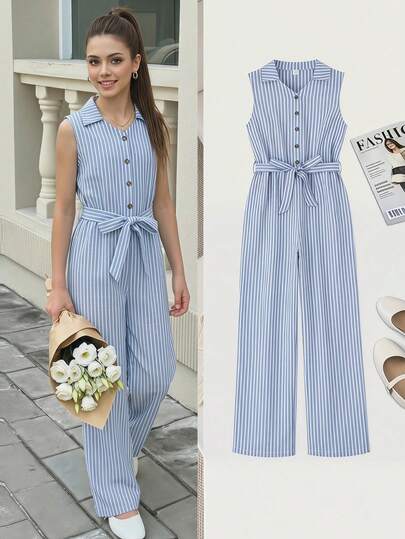 Bộ jumpsuit không tay dáng denim, cổ bẻ, cạp chun, thích hợp cho kỳ nghỉ biển của tuổi teen.