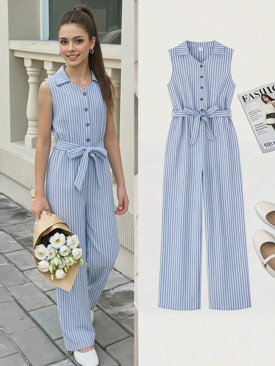 Bộ jumpsuit không tay dáng denim, cổ bẻ, cạp chun, thích hợp cho kỳ nghỉ biển của tuổi teen. - Màu xanh lam - Xem 1