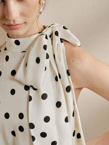 Vestido de mujer de nueva moda elegante con estampado de lunares, cuello con lazo y diseño de capas, adecuado para salidas casuales, ir al trabajo, oficina, fiestas, playa, resort, uso en verano y primavera, disponible en blanco, negro, albaricoque - Blanco - Ver 2