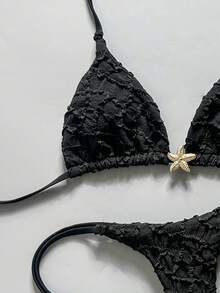 Swim Vcay 2pcs/Set Animal Print Random Pattern Halter Triangle Cup Bra And Side Tie Cheeky Bikini Swimwear Set, Sexy Women Beach Holiday - Black - View 4