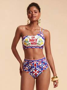 Travachic Conjunto de bikini de mujer con estampado de limón y escote halter, para vacaciones - Multicolor - Ver 4