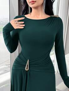 Modelyn 女款純色抓皺腰部優雅成熟中長洋裝，適合派對、晚餐、酒吧及各種場合，深綠色，秋季婚禮適用 - 水鴨藍 - 查看 3