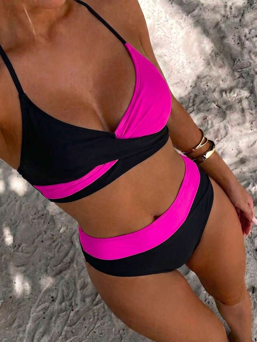 SHEIN Swim Bộ đồ bơi bikini gợi cảm hở lưng màu tương phản đi biển mùa xuân cho nữ - Nhiều màu - Xem 1