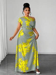 Maweii Đầm thường ngày đi du lịch size lớn màu xanh in hoa, eo nhún, xẻ vai - Nhiều màu - Xem 4