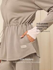 GLOWMODE Modest 1PC SoftCalm Modal Soft Spot Silky-Smooth Breathable Adjustable Drawstring Waist Slip Pockets Quarter-Zip Mid-Length Sweatshirt Casual - Khaki - View 5