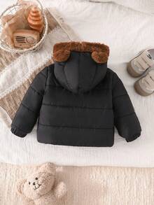 SHEIN Playful Pals 1 chiếc áo khoác hoodie chần bông dày lông cừu cho bé trai unisex màu đen mùa đông, thêu gấu dễ thương, tai 3D, khóa kéo - màu đen - Xem 4