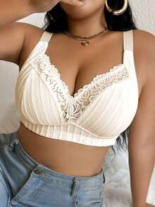 DesireSculpt 1pc Plus Size Lace Patchwork Wireless Bra - Apricot - View 6