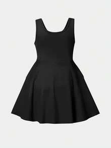 SHEIN Young Girl Solid Color Crew Neck Sleeveless Fitted Casual Dress Sportswear - Black - View 3