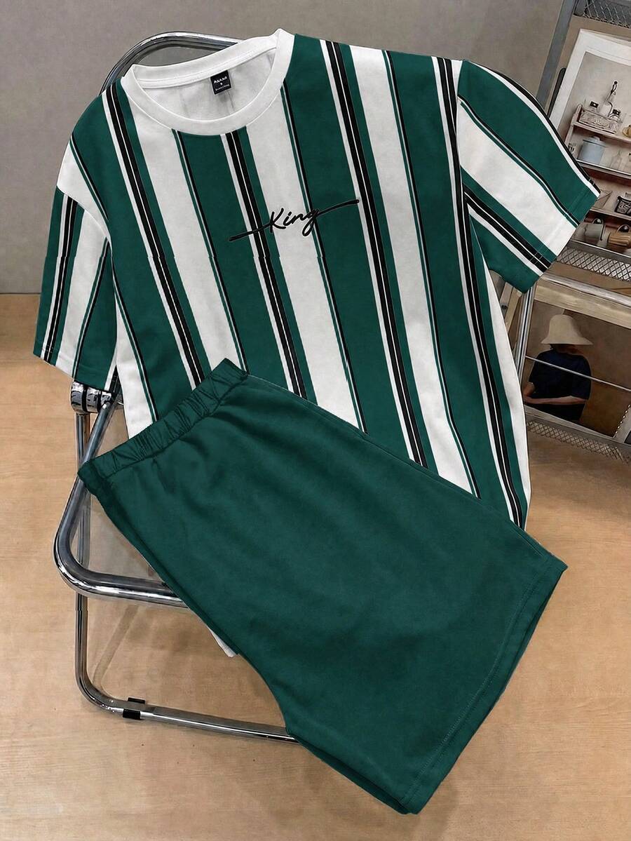 2 peças/Conjunto Casual de Menino Pré-Adolescente Camiseta de Manga Curta com Gola Careca e Estampa de Rei Listrada e Conjunto de Shorts, Adequado para Verão, Estilo de Rua, Férias, Moda de Primavera e Verão - Multicolorido - Visão 1