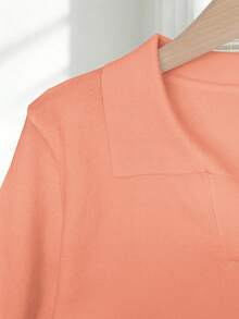 Franclia Women's Spring/Summer White Simple Casual Turndown Collar Raglan Short Sleeve Solid Color Fitted Knit Top, Plus Size - Coral Orange - View 4