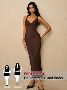 SHEIN PETITE CURVE 大码女式针织连衣裙，金属纽扣装饰露背连衣裙，棕色连衣裙，优雅露背无袖连衣裙，夏季修身长裙，Y2K风格穿搭，乡村音乐节穿搭，复古街头风，休闲外套 - 棕色 - 查看 9