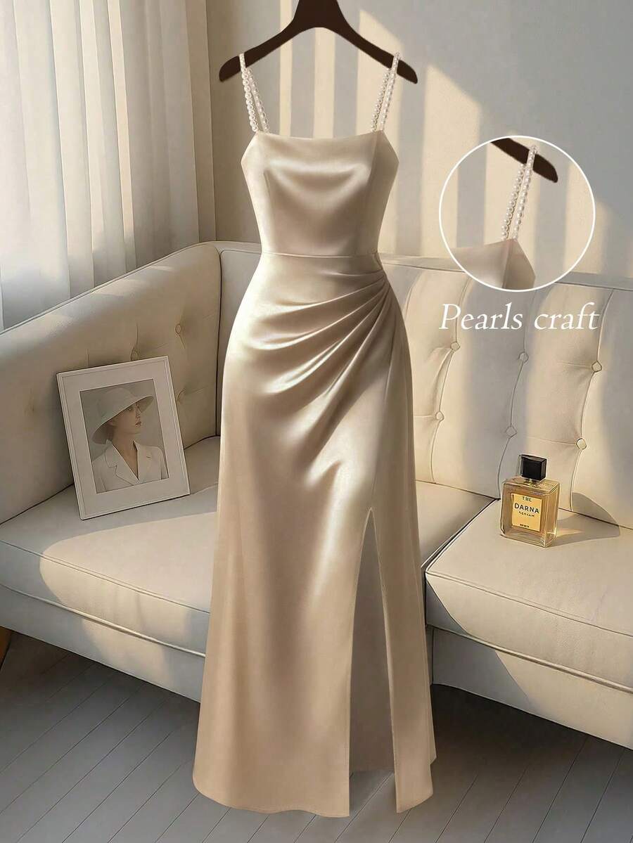 SHEIN Franclia Elegant Pearl Decor High Slit Camisole Dress, Summer - Champagne - View 1