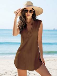 Swim Vcay Women's Solid Color Notched Neck Cap Sleeve Casual Cover Up, Summer - Chocolate Brown - View 5