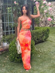 Ronhire Ensemble élégant de style vacances pour femmes, imprimé tie-dye hibiscus hawaïen, ensemble 2 pièces avec top bandeau et jupe, style vacances d'été - Orange - Voir 2