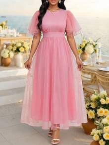 SHEIN Lady Vestido feminino elegante de verão, cor sólida, gola redonda, cintura marcada e comprimento midi. - Rosa Empoeirado - Ver 6
