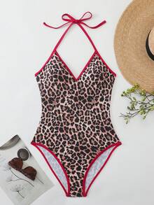 Swim Basics 夏季新款复古豹纹连体露背性感沙滩泳衣，女士豹纹连体泳衣，女士泳装，豹纹泳衣，猎豹纹泳装，夏季度假装，女士豹纹泳装，豹纹连体泳衣 - 彩色 - 查看 5