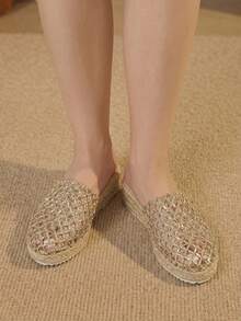 Styleloop Giày nữ đế xuồng mule hở lưng, gót dày, đan lưới vàng, đan dây thừng gai, chất liệu rơm, phong cách Boho, sandal mùa hè, phù hợp đi chơi, du lịch, hẹn hò, đi biển, phong cách thường ngày - Vàng - Xem 3