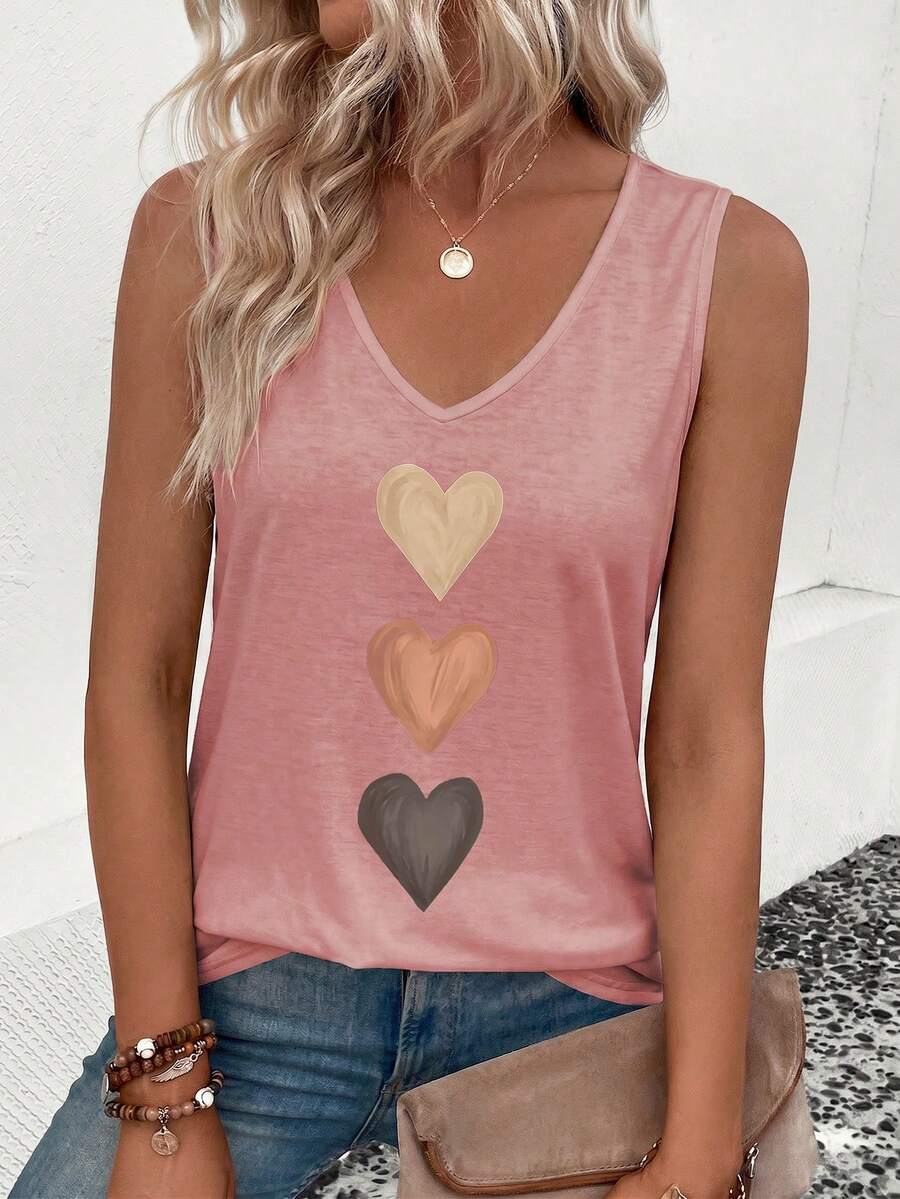 EMERY ROSE Nuevo top de tirantes casual y versátil con cuello en V y estampado de corazón degradado para mujer, primavera/verano - Rosa Pálido - Ver 1