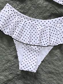 Swim Mod 女款復古紅白波點印花比基尼套裝，對比滾邊性感微型比基尼三角上衣與超短裙，時尚休閒度假甜美復古性感泳衣 - 黑與白 - 查看 5