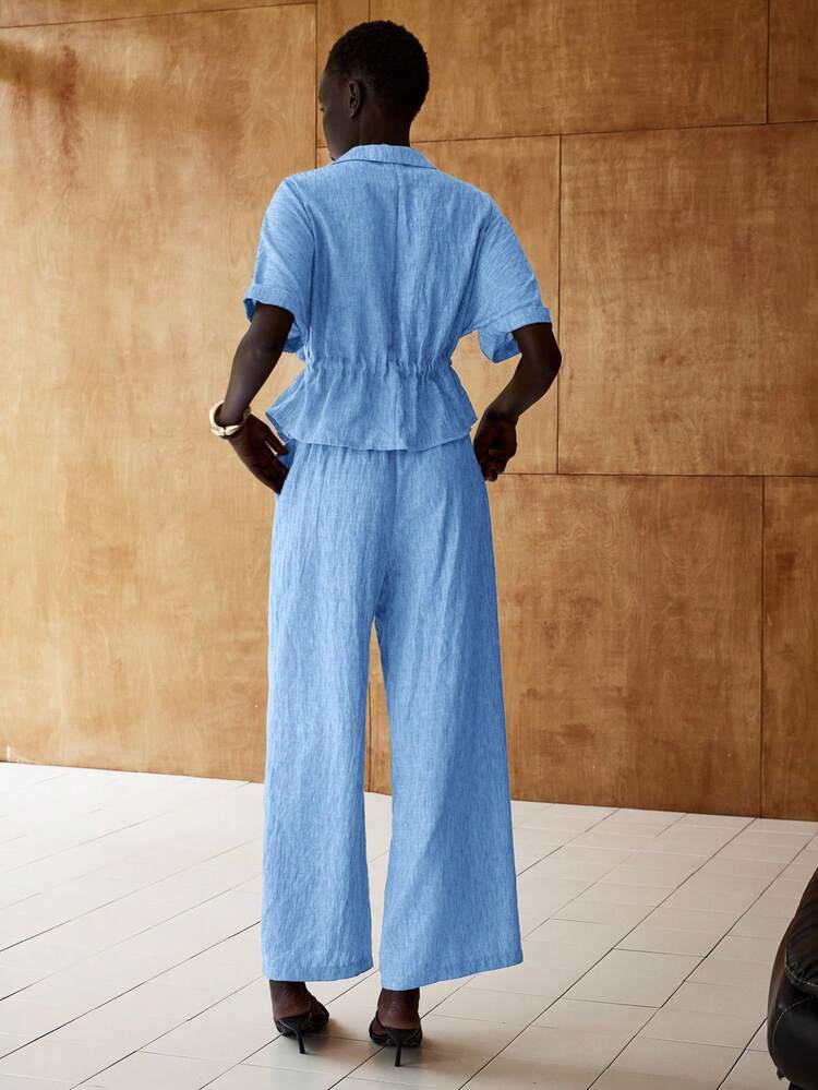 Lumivelle Women's Linen V-Neck Casual 2 Pieces Set - Blue - View 2