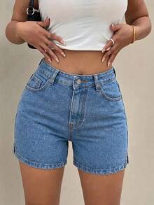 SHEIN Cottnline Washed Denim Casual Shorts For Summer Vacation Light Blue - Medium Wash - View 1